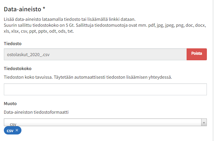 Suurin sallittu tiedostokoko data-aineistolle on 5 Gt ja sallittuja tiedostomuotoja on useita.