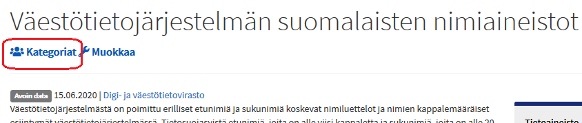 Valitse Kategoriat-linkki tietoaineiston sivulla, niin näet, mihin kategorioihin kyseinen tietoaineisto kuuluu.