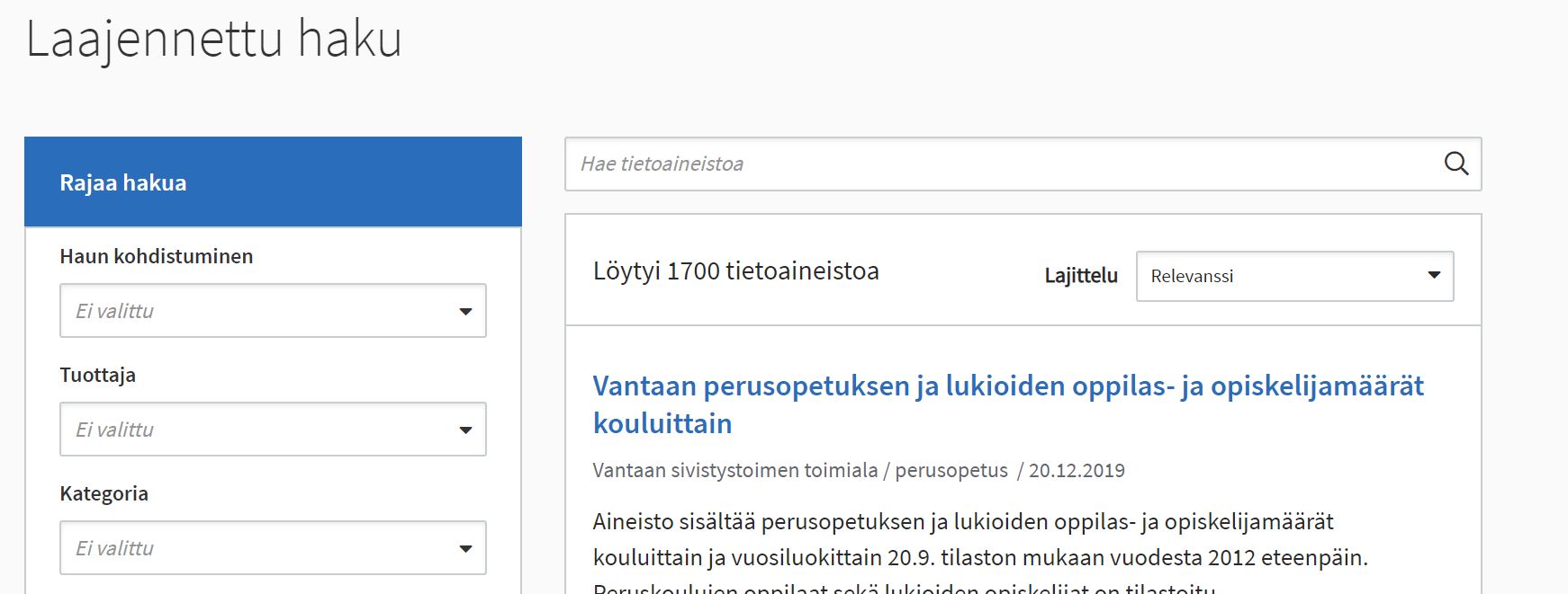 I avancerad sökning kan du välja mellan olika sökkriterier, till exempel sökinriktning, dataproducent eller datakategori.