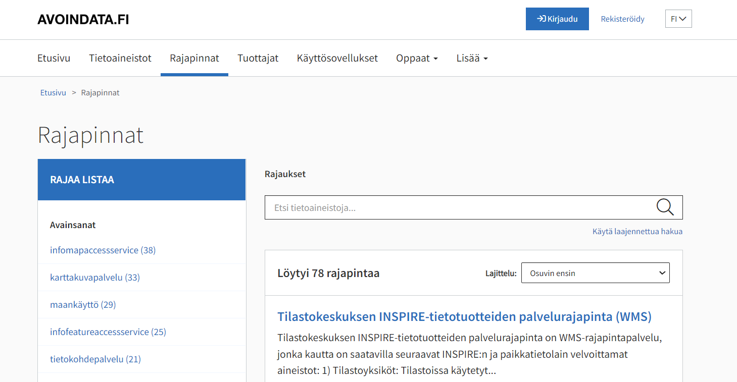 Rajapintojen oma sivu löytyy avoindata.fi:n navigaatiopalkista. 