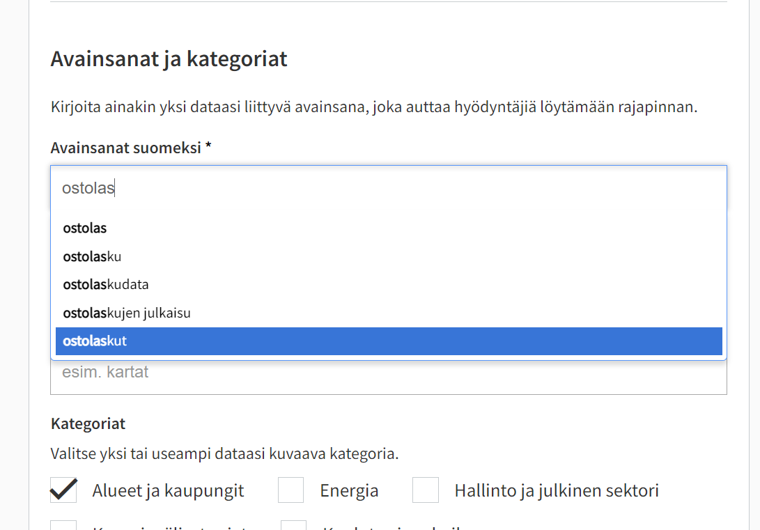 Valitse avainsana kirjoittamalla se avainsanat-kenttään.